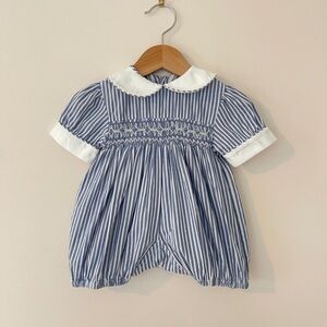 VINTAGE EUC Classic Heirloom Hand Smocked Blue Striped Peter Pan Collar Romper